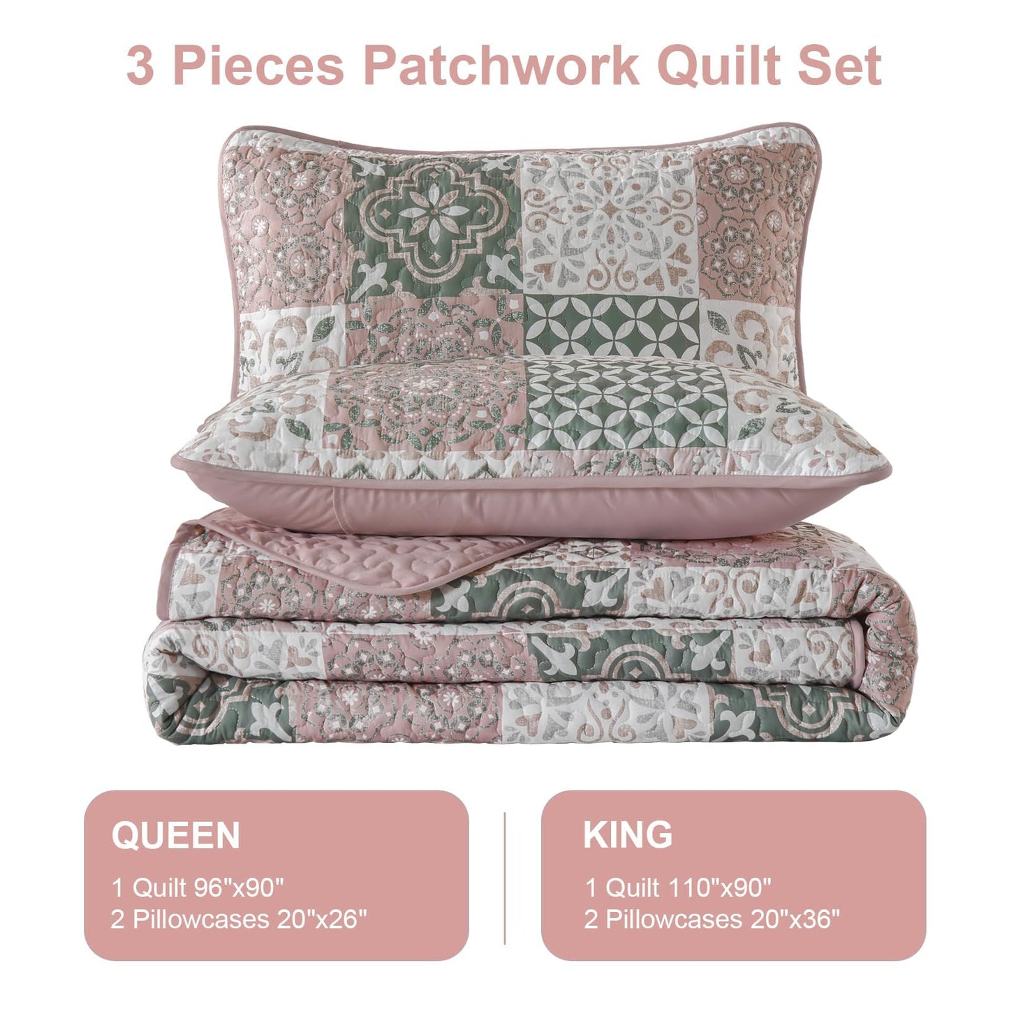Dobuyly Blush Quilt Set Queen Size, Boho Patchwork Plaid Bedspread Coverlet Set, 3 Pieces Soft Microfiber Farmhouse Quilt Bedding Set Lightweight Bed Cover for All Seasons 96"x90"