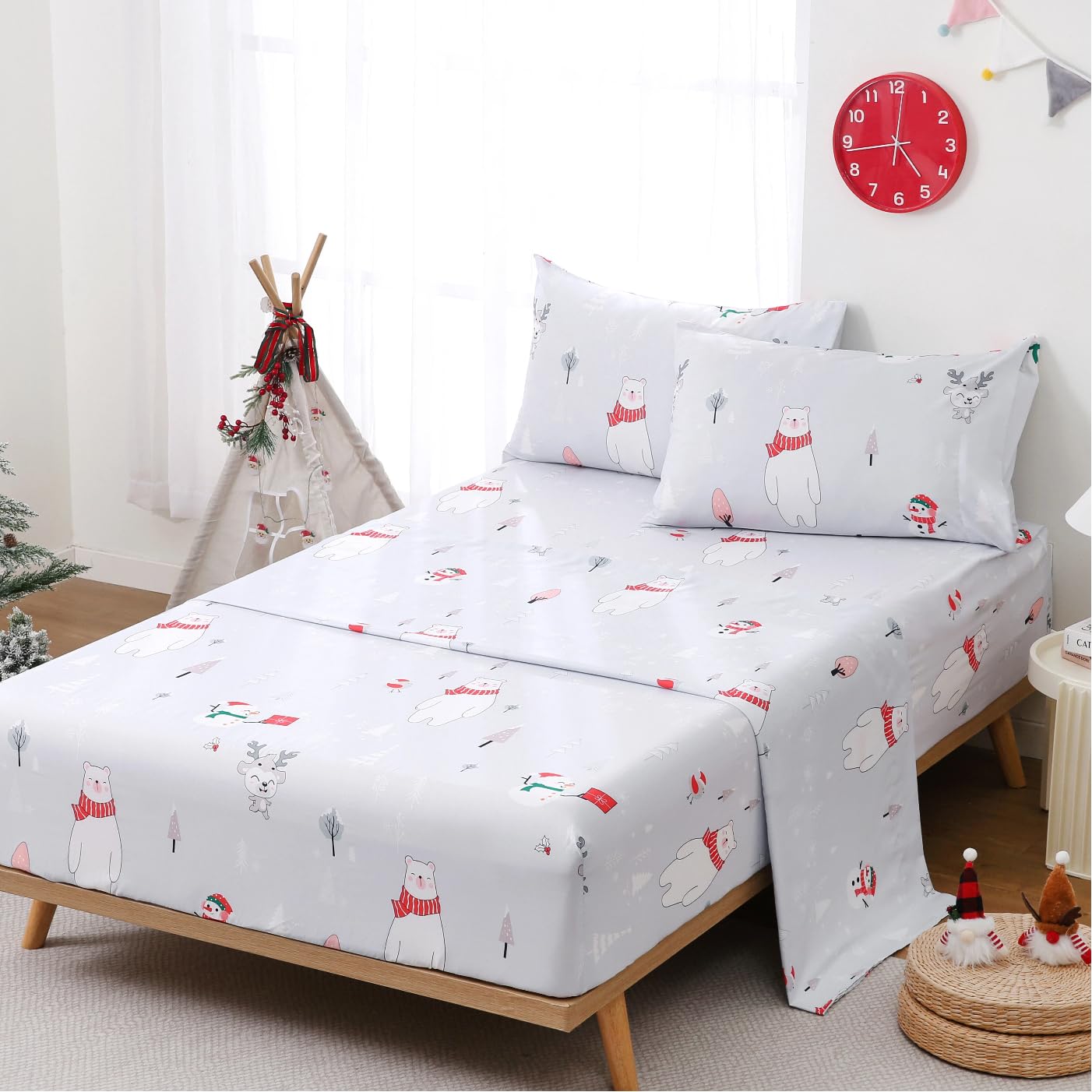 Yibeizi Kids Christmas Sheets Twin, Light Grey Bear Snowmen Printed Sheet Set for Boys Girls, Cute Microfiber Bedsheets Deep Pocket Bed Sheet & Pillowcase Sets 3 Pieces