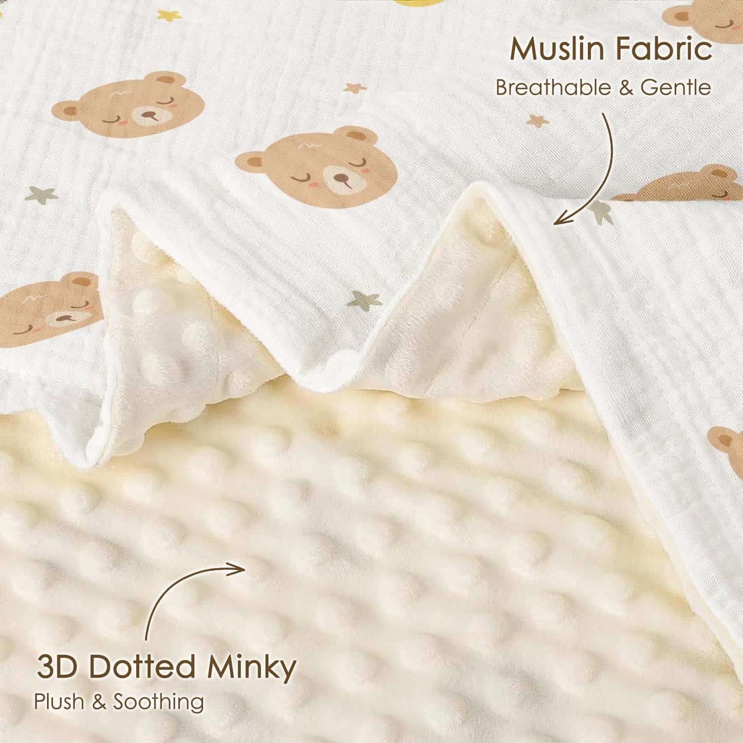 Bear Baby Blankets for Boys Girls, Soft Nursery Minky Blankets with Muslin and Dotted Fleece Back 30x40 inches, Receiving Bed Quilt for Newborn, Infants, Toddlers