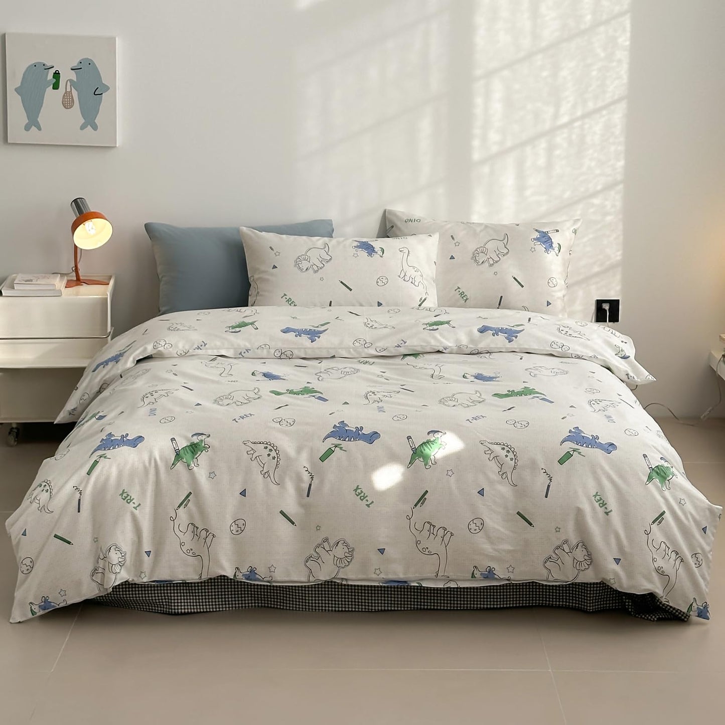 LIWHENHAO Dinosaur Duvet Cover Set Twin 100% Cotton Bedding Cartoon Dino Print on Gray White 1 Kawaii Cute Animal Comforter Cover Zipper Closure 2 Pillowcases for Kids Girls Boys