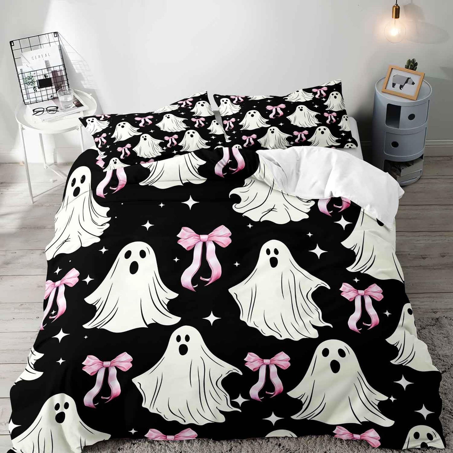 LUVIVIHOME 3PCS Pink Bow Cute Ghost Duvet Cover Queen Bedding Sets, Black Duvet Cover, Teen Girl Bedding, Spooky Halloween Comforter Cover, Coquette Room Decor Aesthetic, Bed in a Bag, 2 Pillow Cases