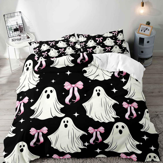 LUVIVIHOME 3PCS Pink Bow Cute Ghost Duvet Cover Queen Bedding Sets, Black Duvet Cover, Teen Girl Bedding, Spooky Halloween Comforter Cover, Coquette Room Decor Aesthetic, Bed in a Bag, 2 Pillow Cases