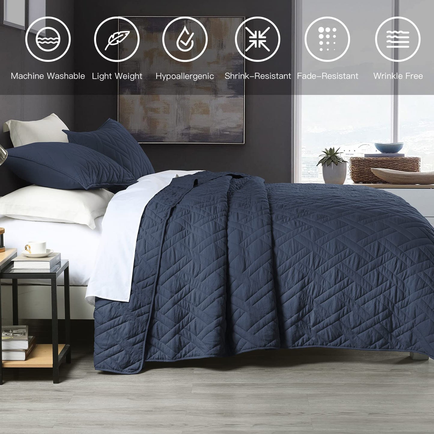 HORIMOTE HOME Quilt Set Queen Size Navy Blue, Classic Geometric Diamond Stitched Pattern, Ultra Soft Microfiber Lightweight Bedding Bedspread Coverlet for All Season with 1 Quilt 2 Pillow Shams