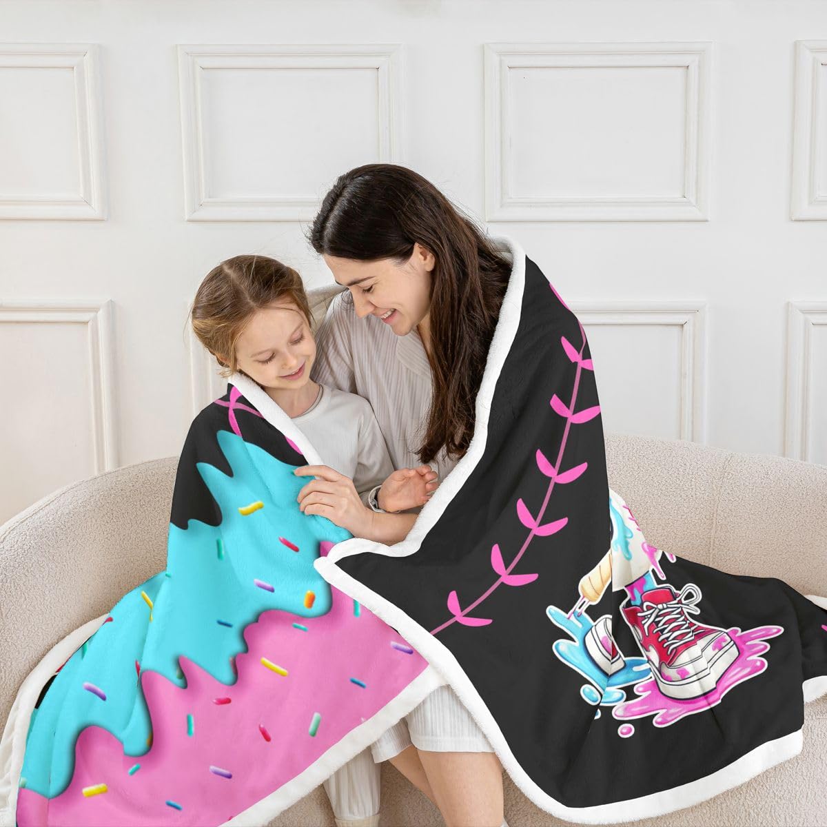 jejeloiu Ice Cream Baseball Fleece Throw Blanket Sweet Sport Hybrid Sherpa Blanket for Kids Women Men Plush Fuzzy Dessert 40"x50" Pink Blue for Bed Couch Chair Living Room Bedroom Decor