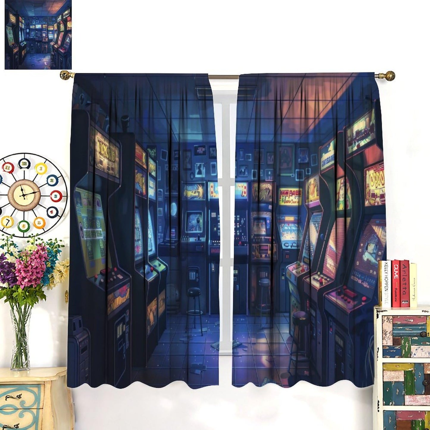 VUMIVI Arcade Game Curtains Retro Pixel Cartoon Illustration Dark Space Rod Pocket Window Treatments for Gaming Room Retro Game Cave Themed Cafe Boys Girls Room 42" W X 44.5" L