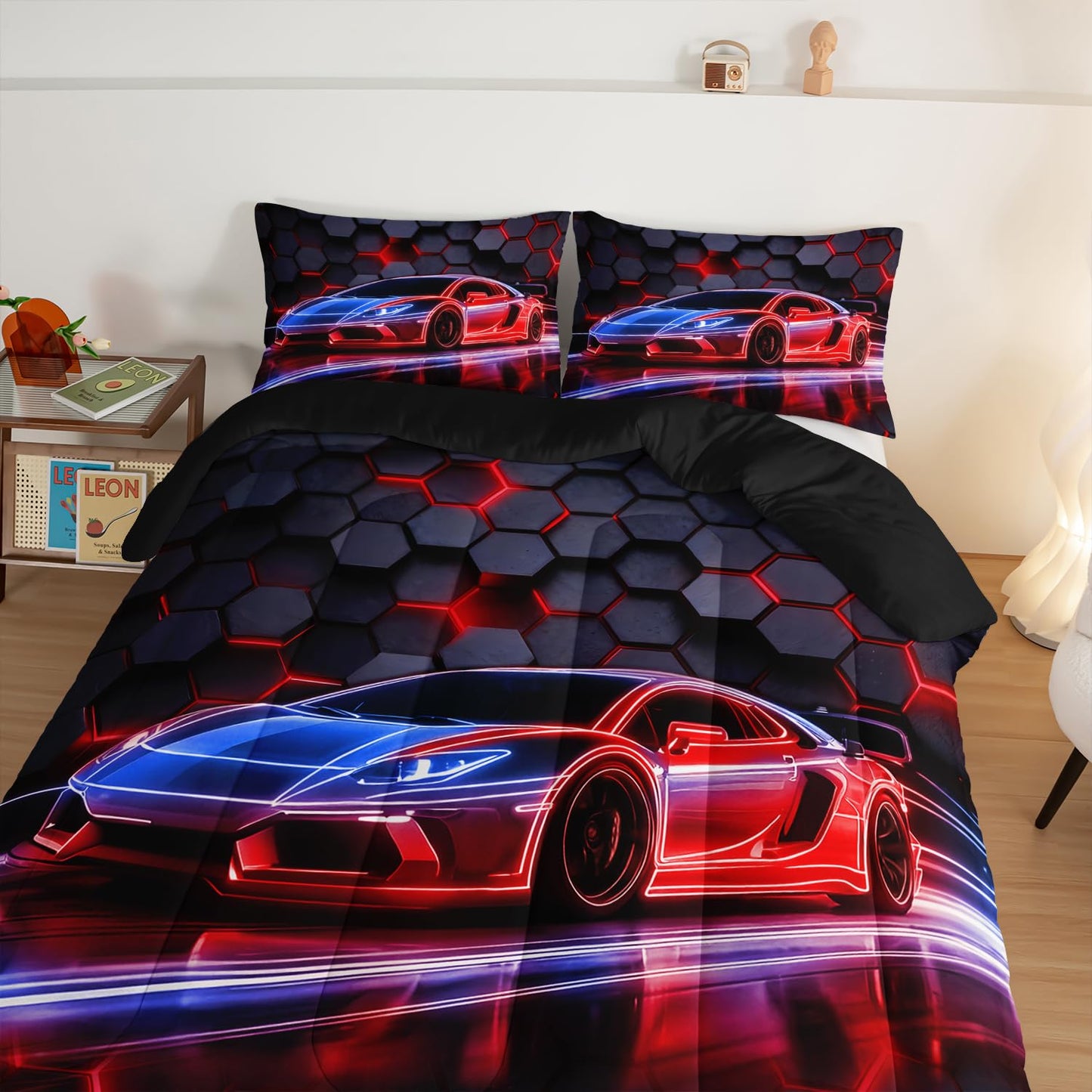 HOSIMA Boys Race Car Queen Bedding Sets,Honeycomb Geometric Background Pattern Cool Extreme Sports Bedding for Kids Men Car Themed Room Decor,Gaming Comforter with 2 Pillowcases.