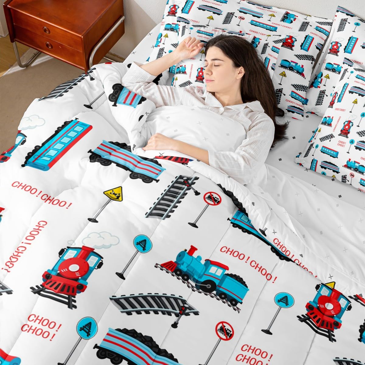 jejeloiu Tramcar Comforter Set with Sheets 7 Piece Twin Size Cartoon Car Bed in a Bag Kids Boys Girls Wired Trolley Car Bedding Set Bedroom Decor Breathable Soft Lightweight Microfiber