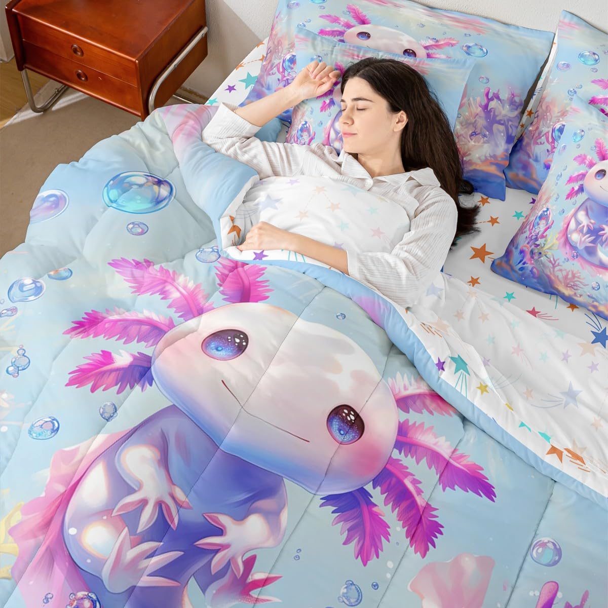 Erosebridal Queen Size Girls Cute Axolotl Bed in A Bag (7 Pieces) | Kids Sea Ocean Animal Comforter Set with Sheets Girly Cartoon Axolotl Bedding Set for Teens Kawaii Salamander Quilt Duvet Insert