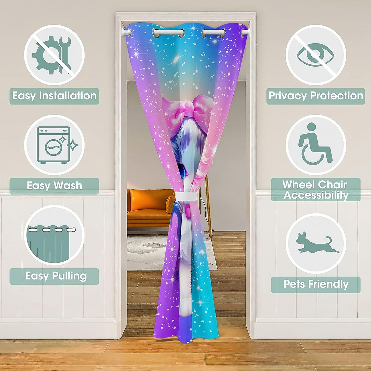 Feelyou Cat Door Curtain for Doorway Privacy Cute Kitten Closet Cover for Bedroom Living Room Glitter Rainbow Room Divider Curtain 34" x 80" Cats Print Darkening Blackout Home Decor