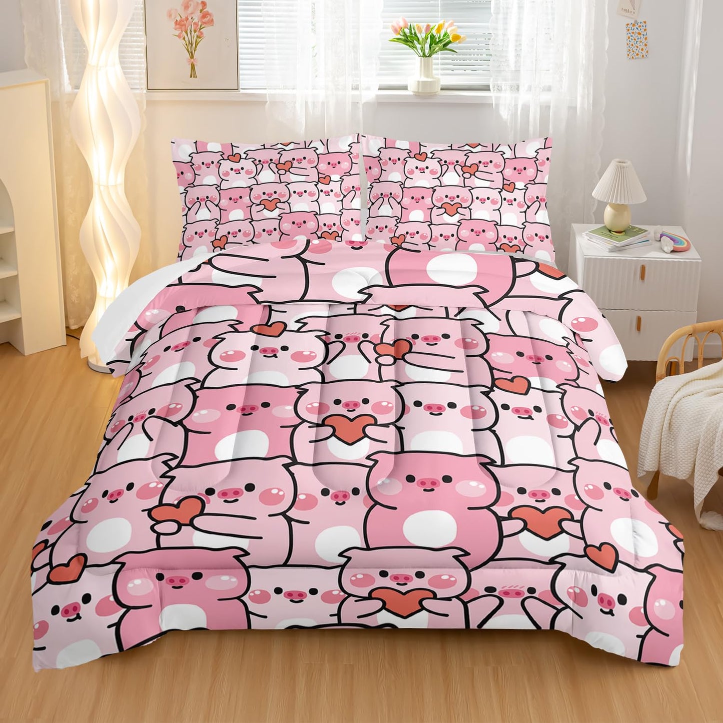 Pink Pig Comforter Set Twin，Kawaii Pink Cute Animals Bedding Set for Kids Boys Girls Teens Room Decor Kawaii Animals Comforter Set Farmhouse Wildlife Theme Bedroom Living Room Decor，All Season