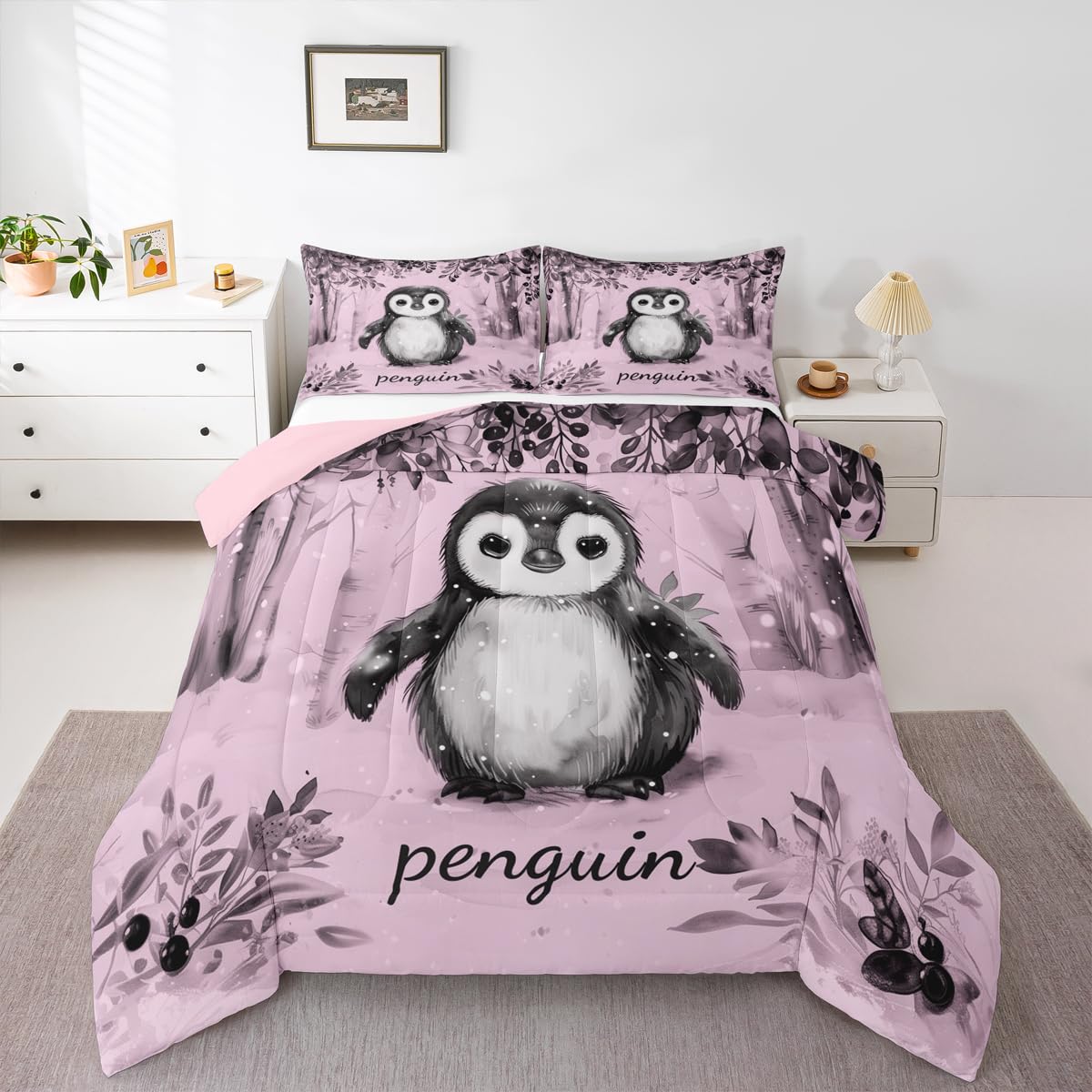 Erosebridal Pink Kawaii Penguins Comforter Set Queen Antarctic Animal Pattern Bedding Set Cartoon Penguin Comforter for Kids Boys Girls,Winter Snowy Forest Quilt Duvet