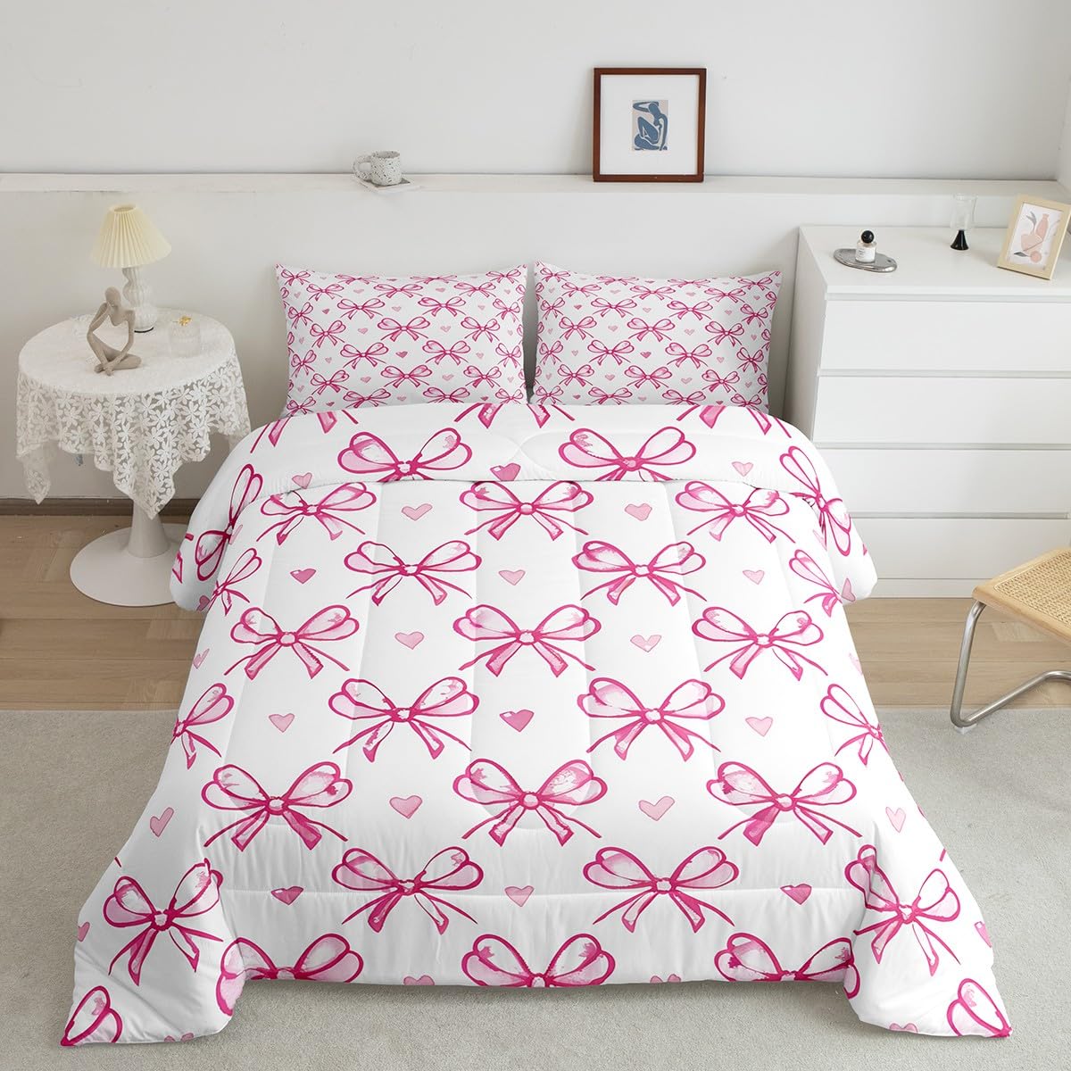 Pink Bow Girlish Kids Comforter Set Queen Size,Bowknot Love Heart Hand Paint Cute Bedding Set,Girls Women Room Decor,Princess Style Bow Tie Down Comforter,Girly Romantic Duvet Insert,2 Pillowcases