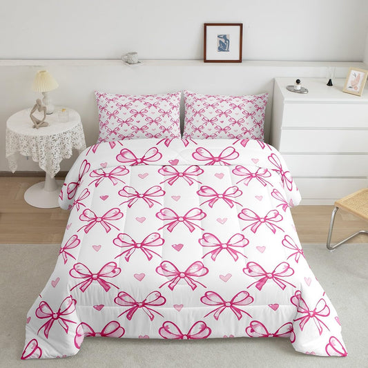 Pink Bow Girlish Kids Comforter Set Queen Size,Bowknot Love Heart Hand Paint Cute Bedding Set,Girls Women Room Decor,Princess Style Bow Tie Down Comforter,Girly Romantic Duvet Insert,2 Pillowcases
