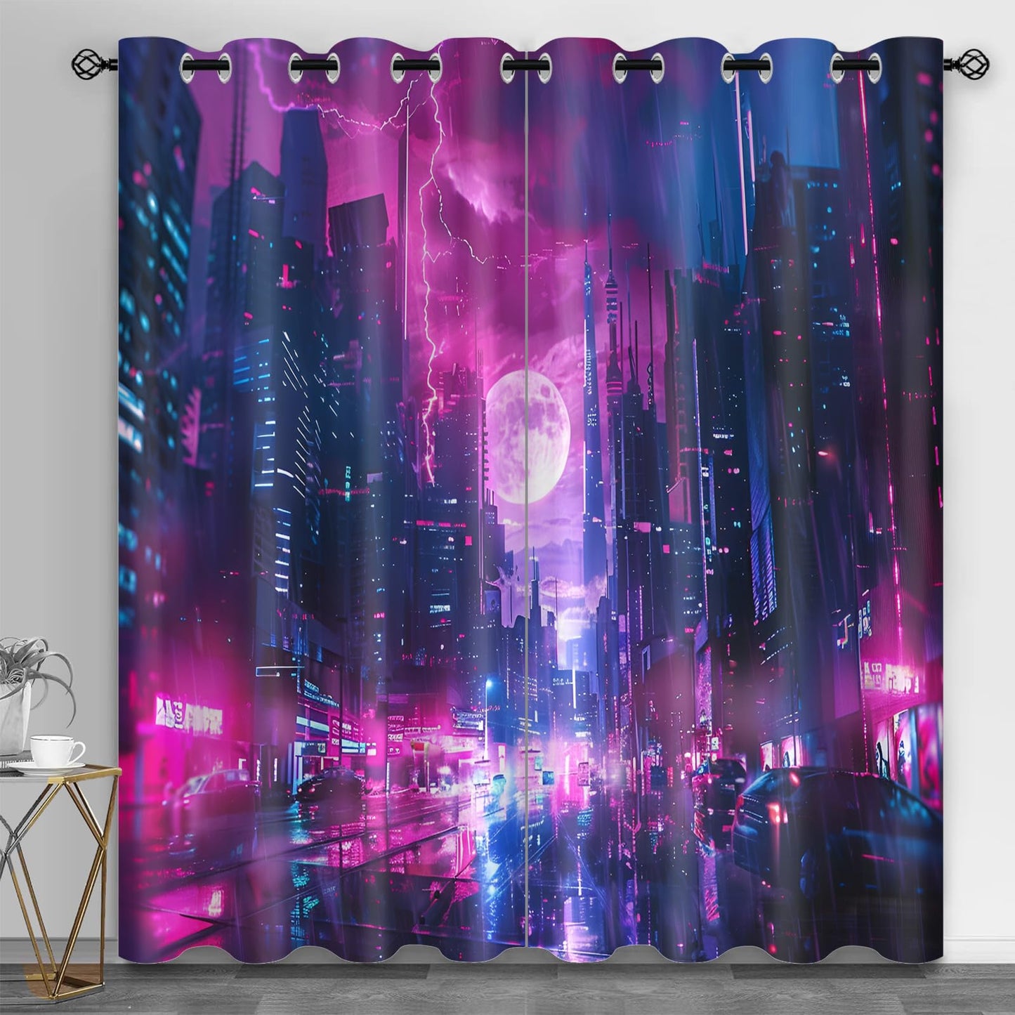 XAFIAUR City Neon Lights Blackout Curtains Sci-Fi City Print Curtain, Lightning Cyberpunk Drapes for Kids Bedroom Play Room 2 Panels Darkening Grommets Window Treatment 31.5" W x 63" L x2