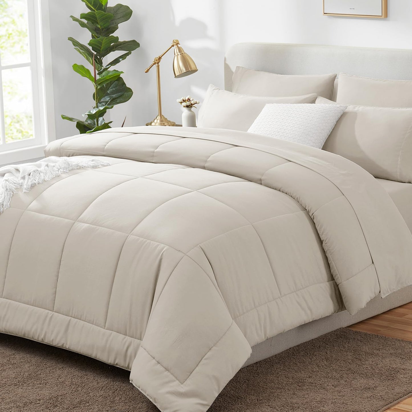 CozyLux Queen Comforter Set Beige, 7 Pieces Bed in a Bag, Beige Comforters Queen Size, All Season Bedding Sets with Stitch Quilted Comforter, Flat Sheet, Fitted Sheet, Pillowcases
