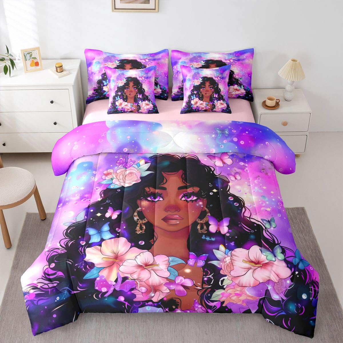 Erosebridal Cute Cartoon Black Girls Queen Bedding Set Purple Pink Romantic Floral Comforter Set with Flat and Fitted Sheet Kids Teen Vibrant Butterfly 7-Piece Bed in a Bag Watercolor Art Quilt Sets