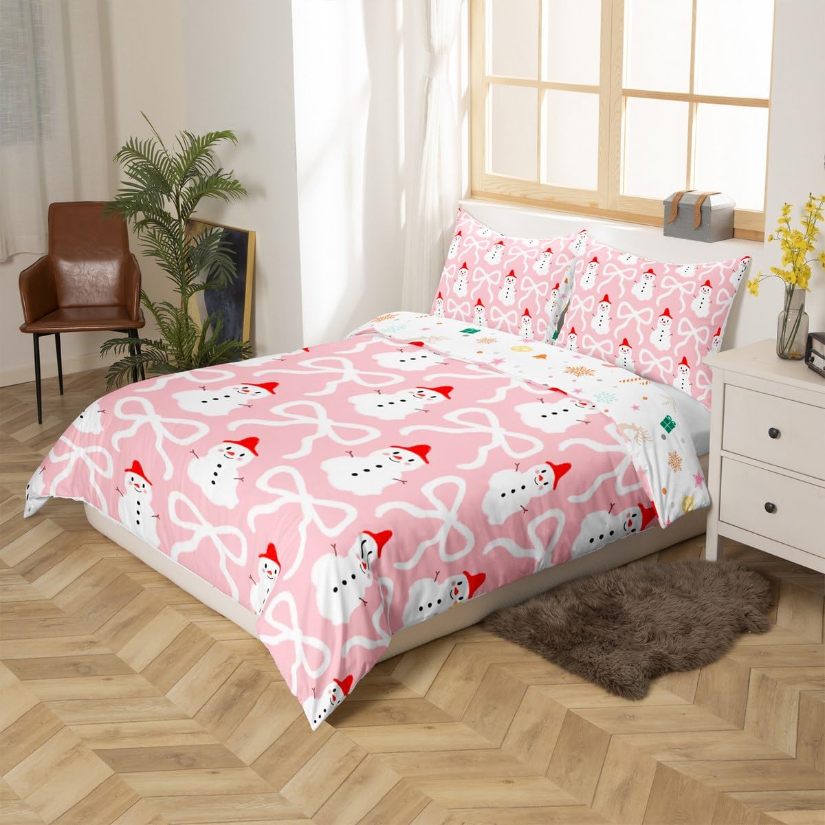 Xmas Snowman Bedding Sets Twin Size,Cartoon Bow Print Duvet Cover Set 2Pcs for Kids Girls Boys Adult Room Decor,Santa's Hat Snowman Comforter Cover Pink Christmas Quilt Cover,1 Pillowcase