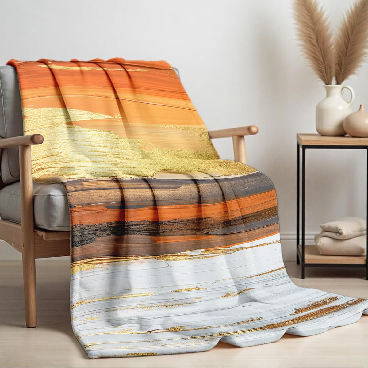 HUNXIAOJ Orange Blanket Throw for Couch Bed Abstract Print Blanket Soft Flannel Bedding Modern Bedroom Home Decor (49"x59")