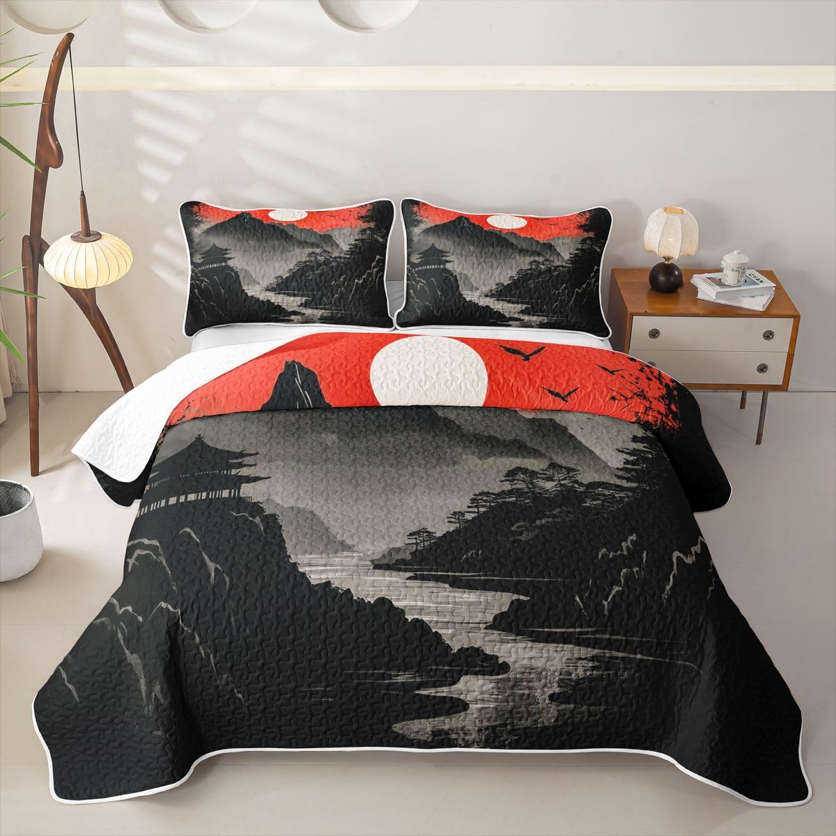 Erosebridal Japanese Fuji Mountain Quilts Twin Size - Japanese Style Bedspread Coverlet Set, House Vintage Sun Quilt Coverlets 2Pcs (Only 1 Pillowcase)