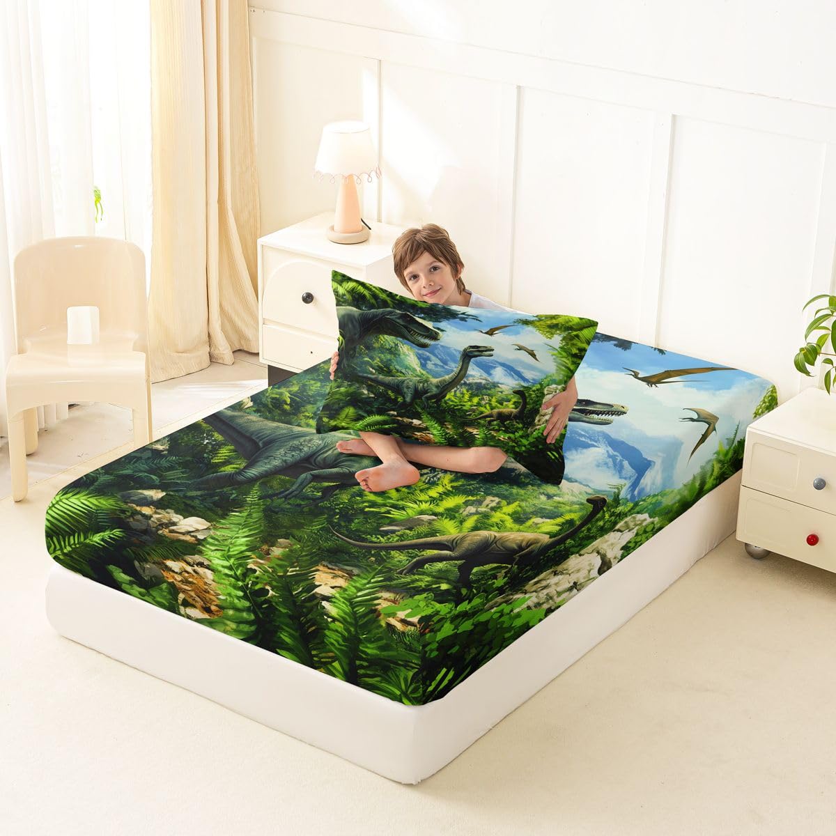Feelyou Dinosaur Bed Sheets Sets Twin Size Kids Boys Girls 3D Digital Print Bedding Set Jungle Dino Bed Sheet Set with 16-Inch Deep Pockets Wild Animal 3Pcs with 1 Pillow Cases Green Blue White