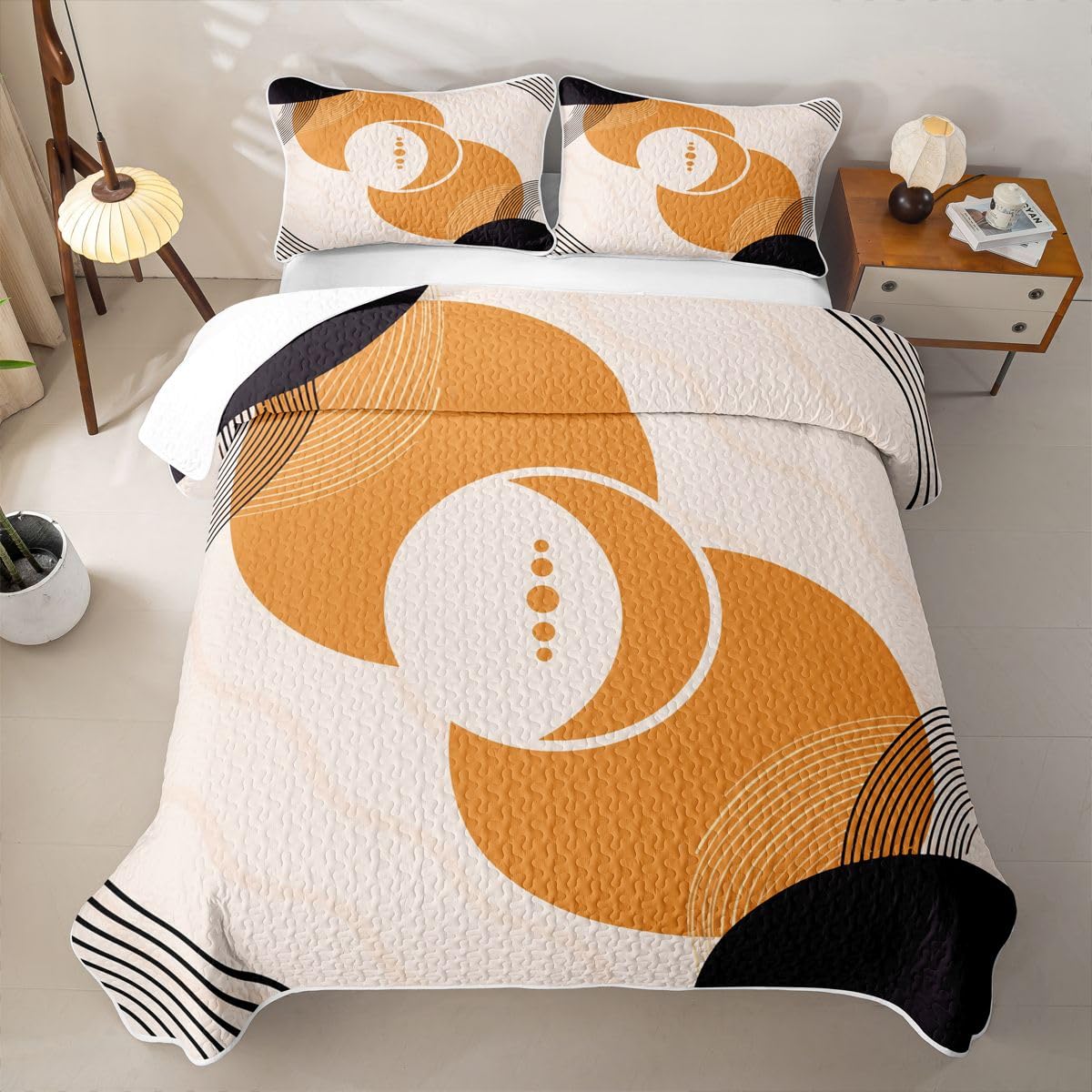 Erosebridal Boho Mid Century Quilt Twin Size - Geometric Circle Minimalist Style Bedspread Bohemian Abstract Bed Coverlet with 1 Pillowcase