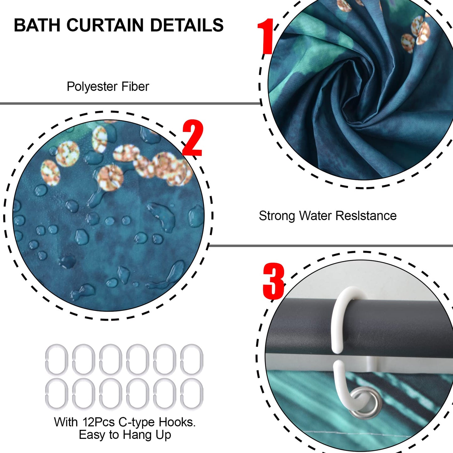 EMHOME 4PCS Marble Shower Curtain Sets, Modern Bathroom Sets With Toilet Lid Rug, Contour and Bath Mat, Luxury Bathroom Decor with 12 Hooks, 72 x 72 Inch, Green
