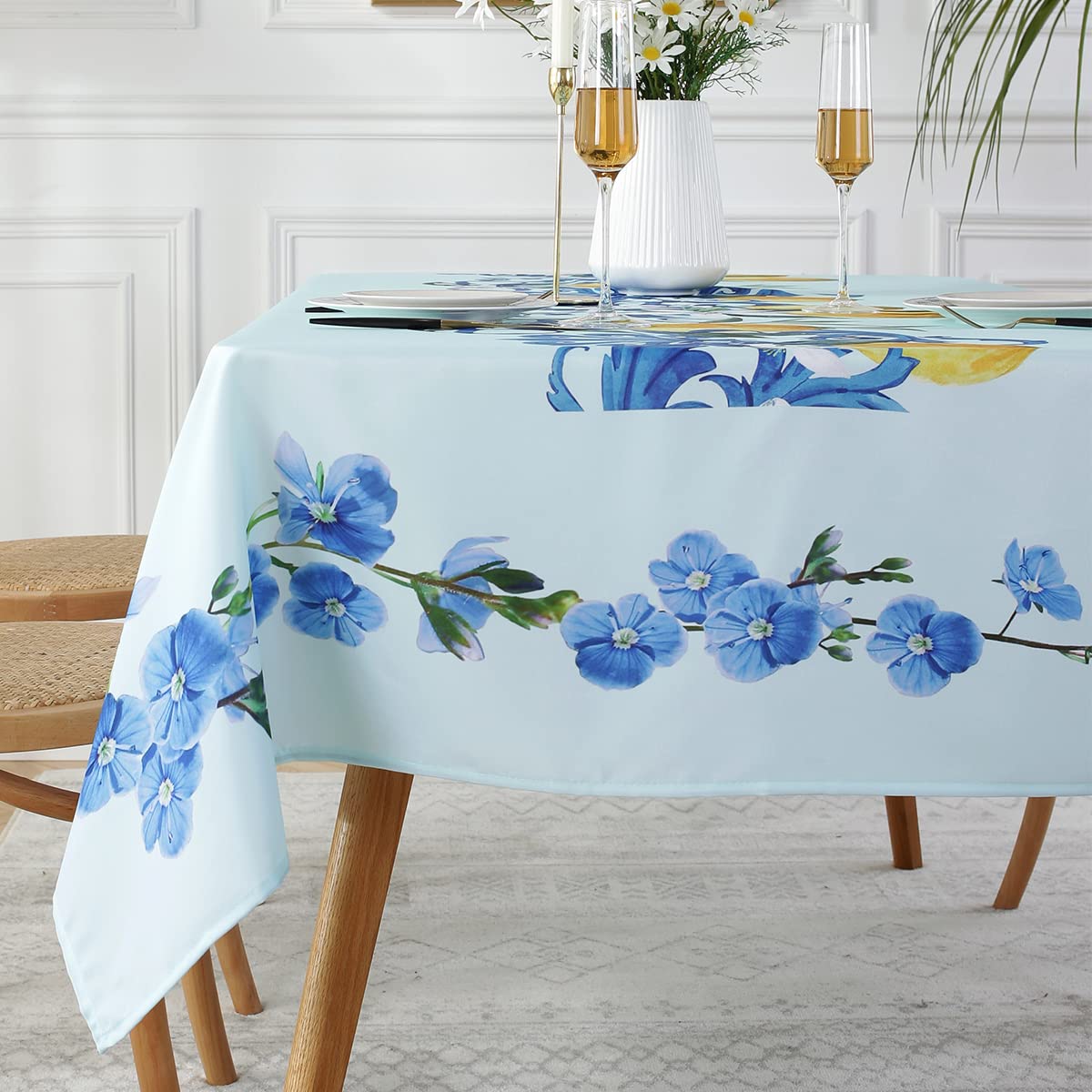 SASTYBALE Lemon Tablecloth Rectangle 52 x 70 Inch, Spill Proof Wrinkle Free Fabric Table Cloth, Polyester Table Cover for Summer/Dining/Party/Indoor/Outdoor, Blue