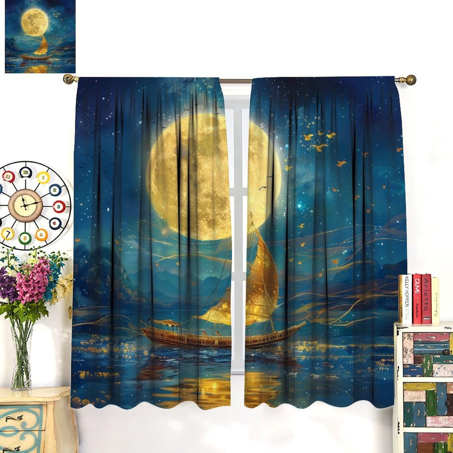 TOWINSFB Ancient Sailboat Star Moon Blackout Curtains for Living Room Bedroom, Night Nautical Ocean Scenery Window Curtains Rod Pocket Thermal Insulated Window Drapes, 2 Panels, Each 21W x 45L