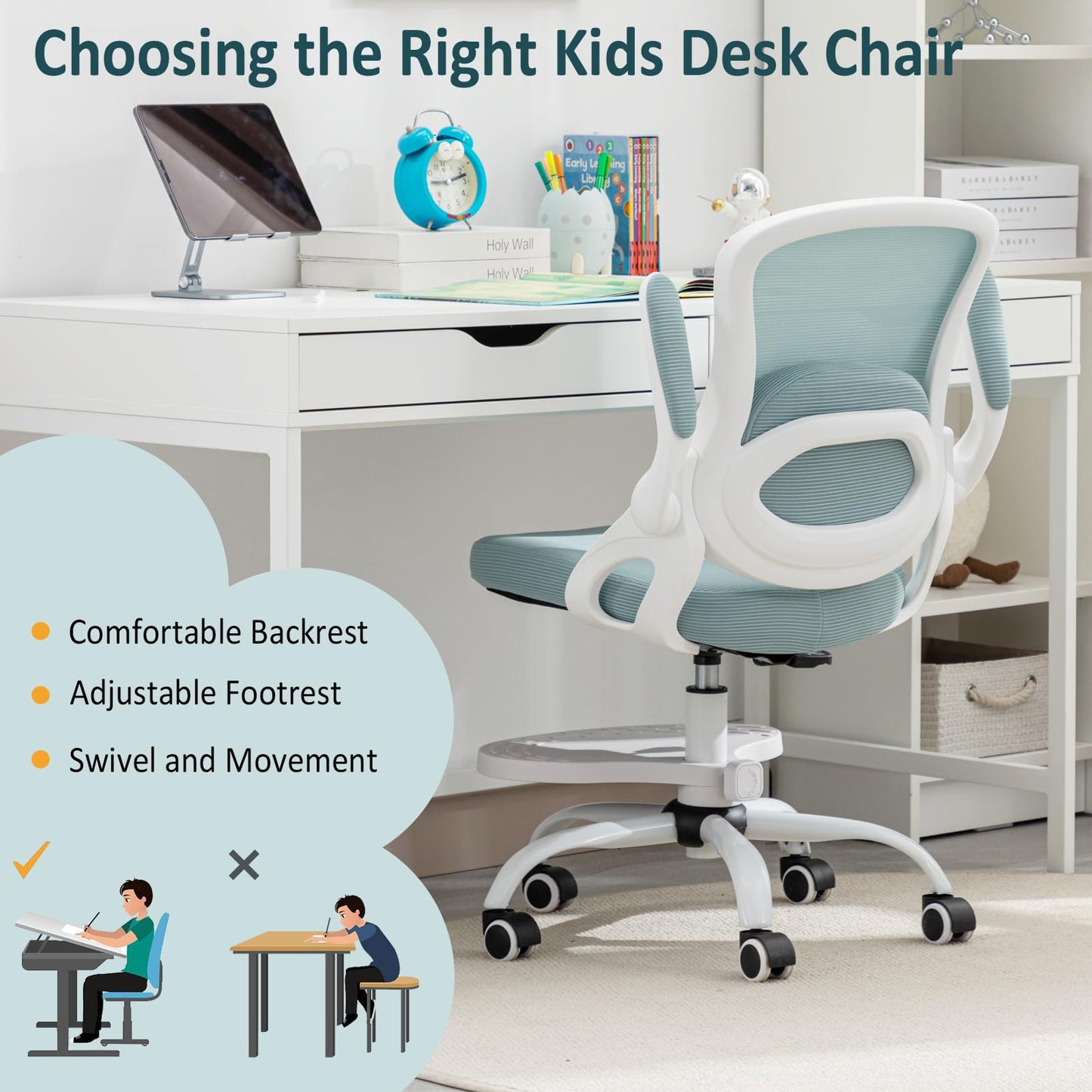 Kids Desk Chair,Ergonomic Study Chair with Adjustable Height,Swivel Mesh Desk Chair with Wheels,Home Office Chair for Children in Home Bedroom Blue