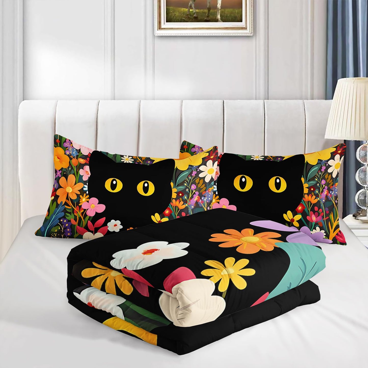 QOOMO 3Pcs Cat Comforter Set Twin,Black Cat Bedding Set for Teens Boys Girls,Floral Printed Comforter with 2 Pillowcases,Down Alternative,Soft and Lightweight