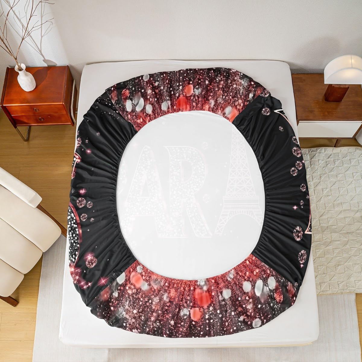 Manfei Eiffel Tower Bed Sheet Set Full Size 4pcs,Red Silvery Romantic Paris Bedding Set,Romantic Tower Flat Sheet + Fitted Sheet for Kids Girls Boys Teens Room Decor