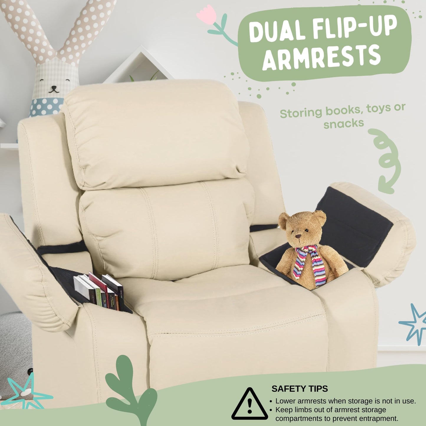 Kids Recliner Chair Storage Arms Reclining Toddler Push Back Sofa Ages 2-8