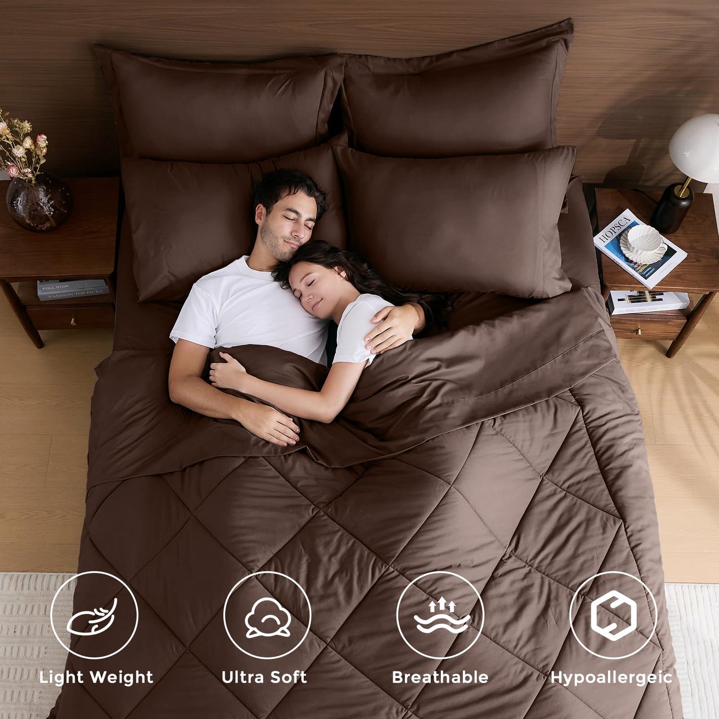 HEVUMYI Brown Queen Comforter Set - 7-Piece All Season Bed in a Bag Queen, Ultra Soft Bedding Set with Comforter, Flat Sheet, Fitted Sheet, Pillowcases, Pillow Shams