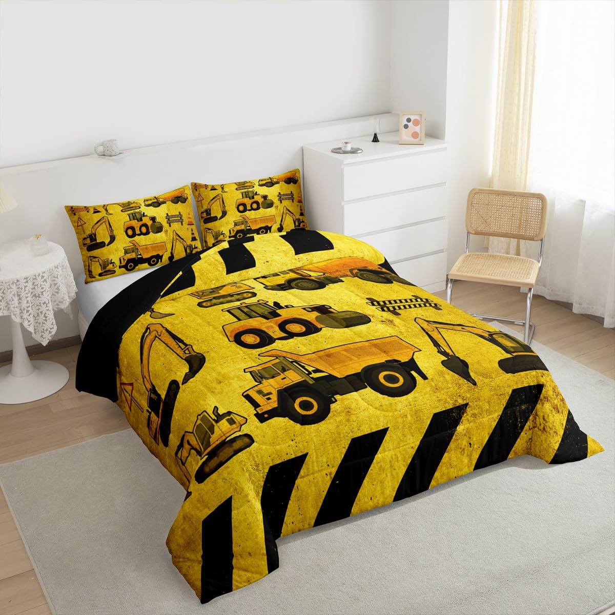Boys Excavator Bedding Set Queen Size Kids Construction Vehicles Comforter For Kids Children Cartoon Machinery Truck Comforter Set Construction Site Cars Tractor Duvet Set 3Pcs With 2 Pillow Cases