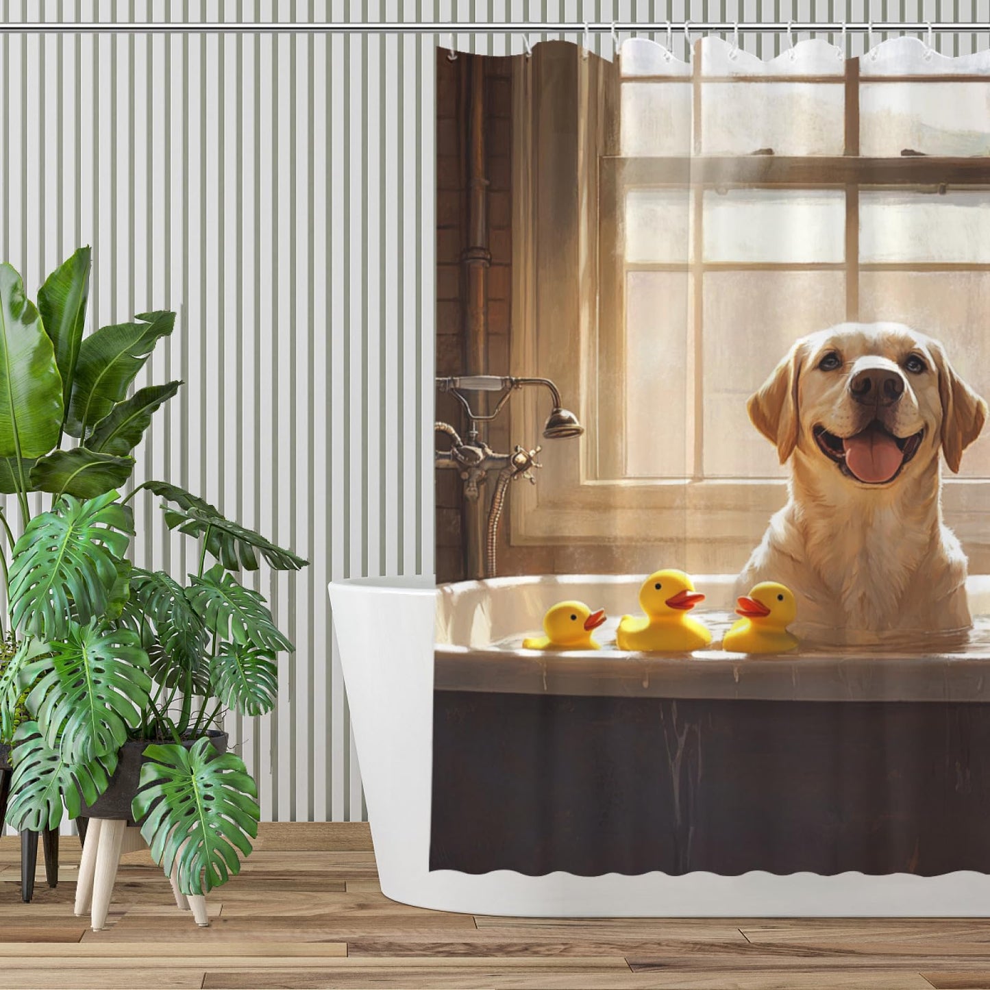 NGZ Funny Labrador Retriever Taking Shower with Rubber Ducks Shower Curtain Durable Waterproof Fabric Bathtub Sets Home Fabric Bathroom Shower Curtain Set with Hooks 72x72 Inch
