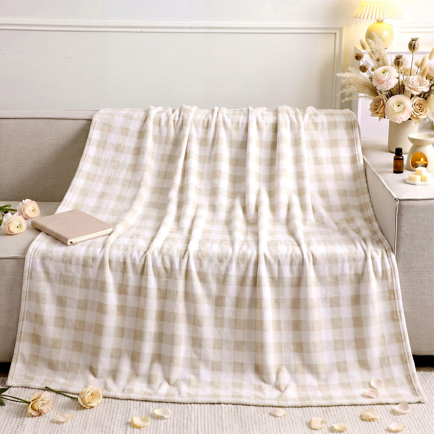 Fanfanwin Beige Gingham Throw Blanket for Couch, 50x60 Inch Checkered Plaid Flannel Blanket for Sofa Bed, Soft Cozy Throw for Farmhouse Boho Neutral Home Decor All Seasons Gift