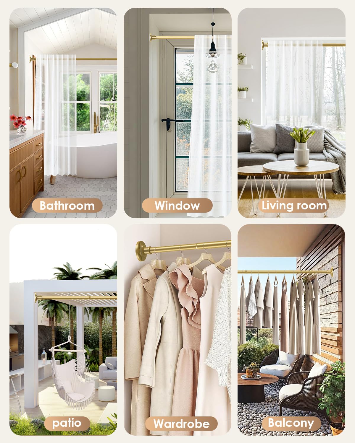 Haryaers Gold Tension Shower Curtain Rod 30-96 In (8ft) 1.1" Diameter Stainless Steel, Rustproof Heavy Duty, No Drilling Adjustable Room Divider for Bathroom Window Patio Closet