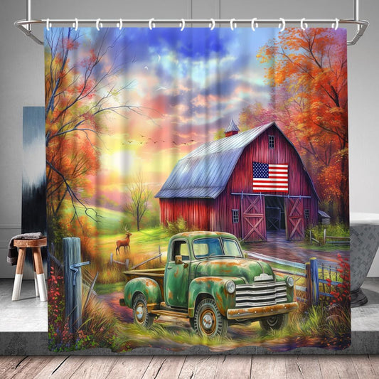 QWRSMYX Farmhouse Old Truck Shower Curtain Rustic Wooden Barn Vintage American Classic Antique Car Farm Green Truck Bathroom Decor Set Fabric with Hooks 70Wx70H Inch