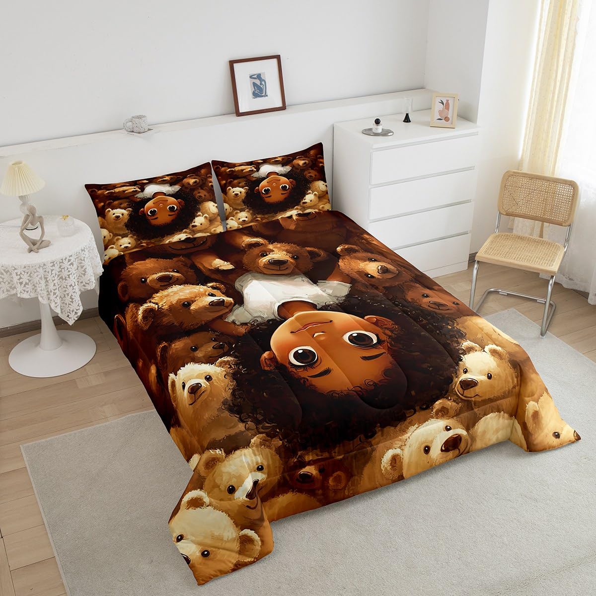 jejeloiu Kids Cute Black Girl Comforter Set Queen Size African American Girl Bedding Set for Boys Girls Bear Duvet Set Quilt Set,1 Comforter+ 2 Pillow Shams（No Glitter）