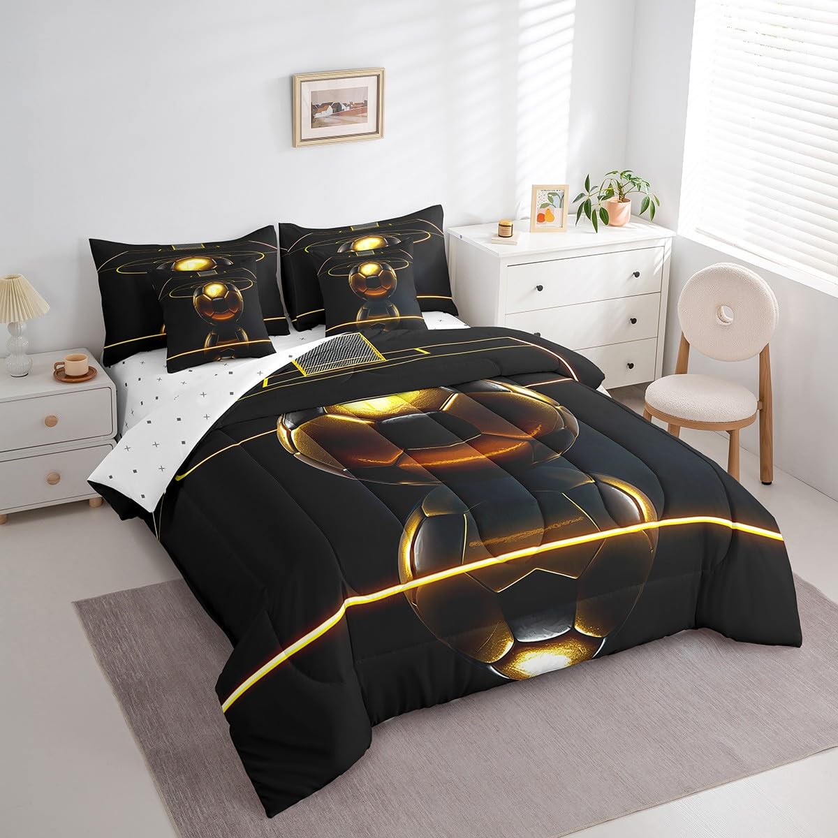 Feelyou Football Comforter Set 7 Piece Kids Luxury Black Golden Soccer Ball Bedding Full Comforter Set Boys Girls Football Sport Arena Bedding Set Bedding Full Comforter Set Bed Set Full Size Boys