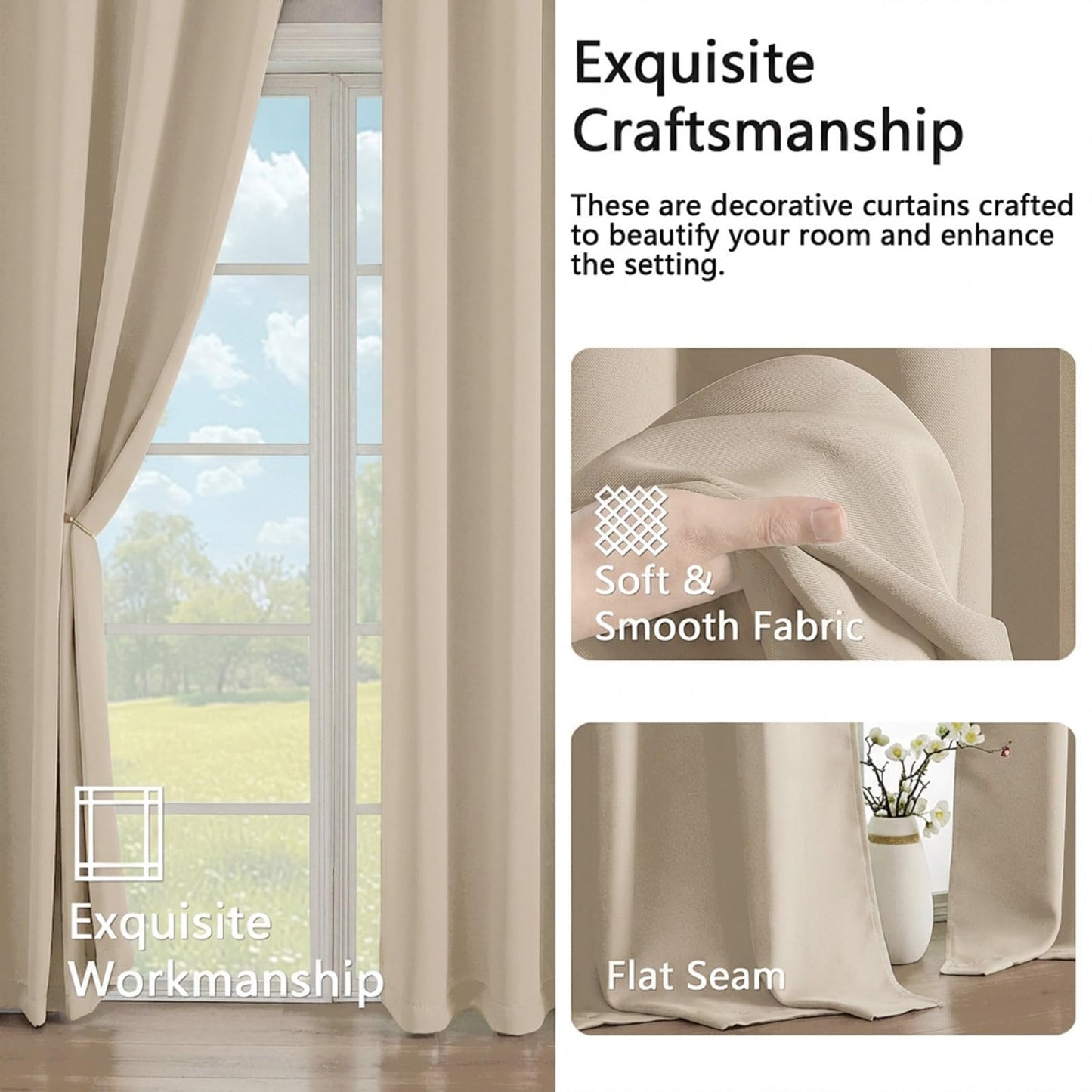 Simplebrand Biscotti Beige Room Darkening Curtains for Bedroom 63 Inch Length 2 Panels Set, Thermal Insulated Energy Saving Curtains for Kids Room, Solid Nursery Window Treatment Drapes, W40 x L63