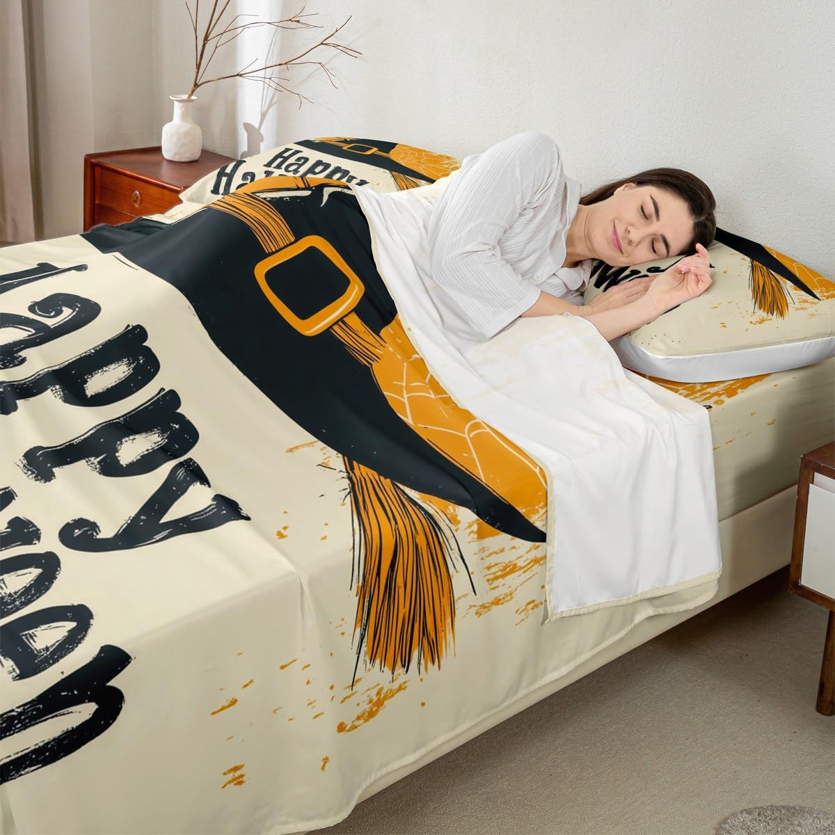 Feelyou Kids Happy Halloween Bedding Set Full Size, Witch Bed Sheets Set Boys Girls Spider Web Sheet Set Horror Decor Teens Bedroom Decor 4Pcs