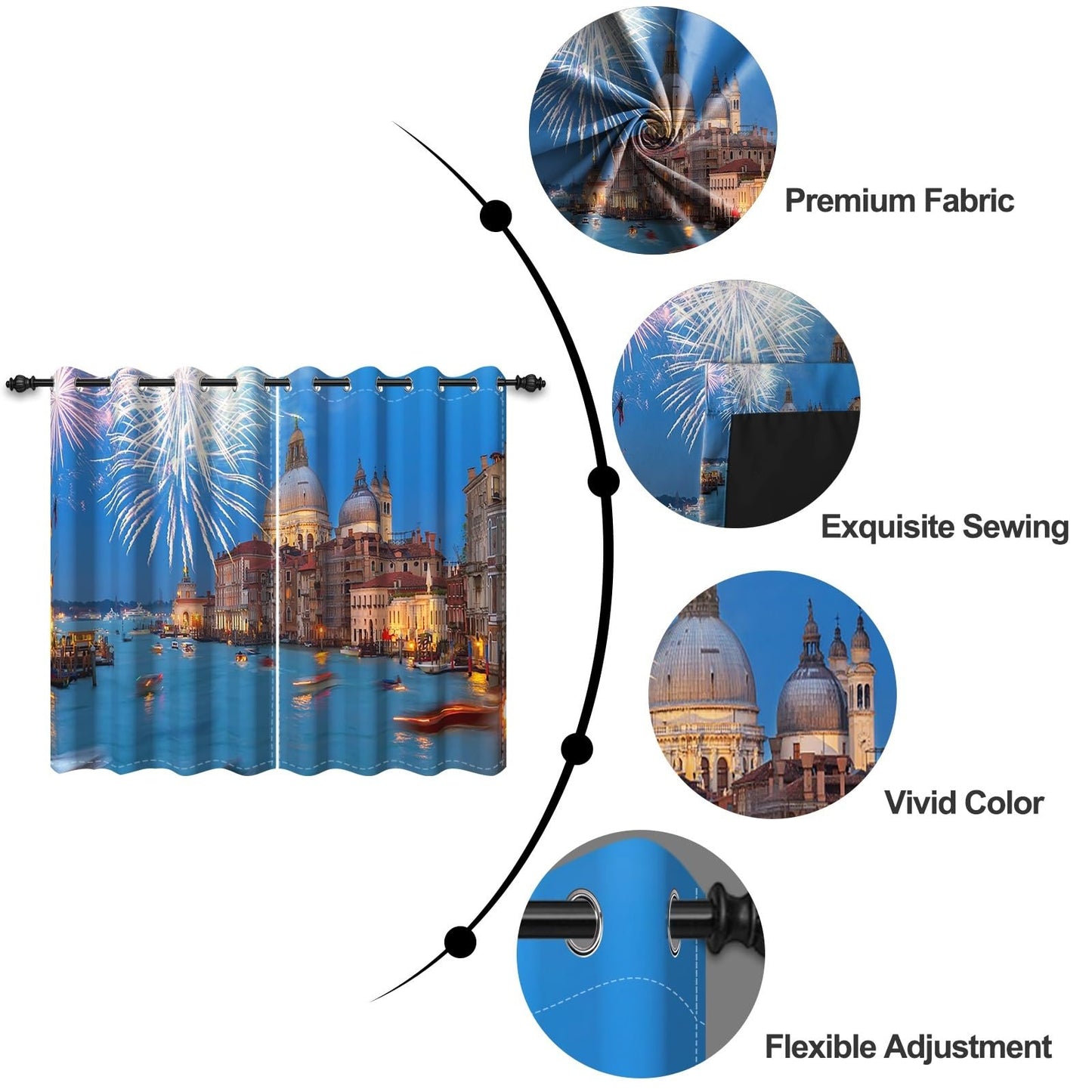 Umpoo Modern Cityscape Blackout Curtain Venice Canal Retro Church Buildings Fireworks Blossoms City Night View Window Drapes for New Year Living Room Bedroom Home Decor Set of 2 Panels, 52x63 Inch