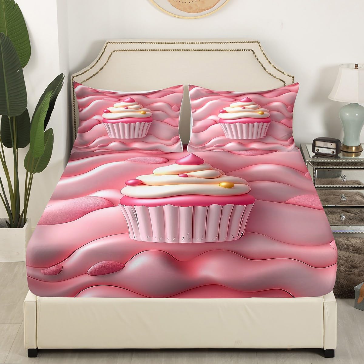 Erosebridal Cute Cake Bed Sheets Set Full for Girls,Lovely Dessert Flat Fitted Sheet Kawaii Decor, Pink Girly Bed Set for Kids Adult, Soft Microfiber Bedding Sets for Bedroom, 2 Pillow Cases
