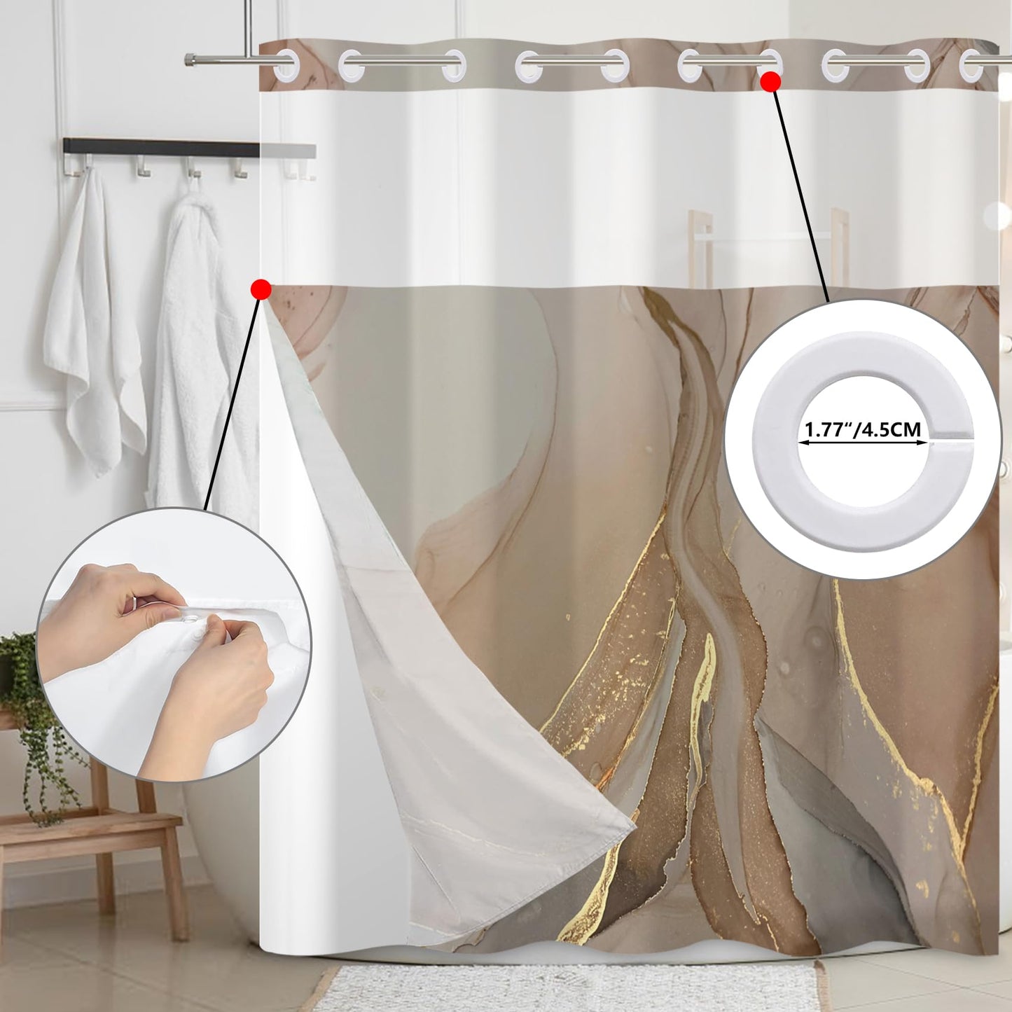 Baocicco No Hook Brown Marble Shower Curtain Golden Cracked Lines Shower Curtain with Snap-in Fabric Liner Set Double Layer Waterproof Fabric with Bathtubs Hotel Curtain Set Bathroom Decors 71x74 Inch