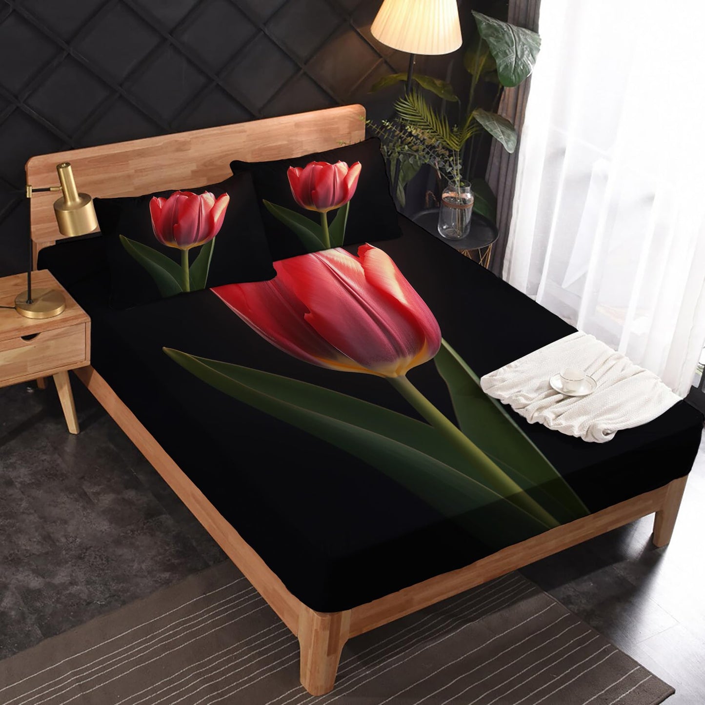 King Size Sheets Set - Tulip Bed Sheets, Floral Bedding Sheets & Pillowcases, Soft Microfiber & Deep Pocket & Wrinkle Free Patterned Sheet Set, 4 Piece ( 1 Fitted Sheet, 1 Flat Sheet, 2 Pillow Cases )