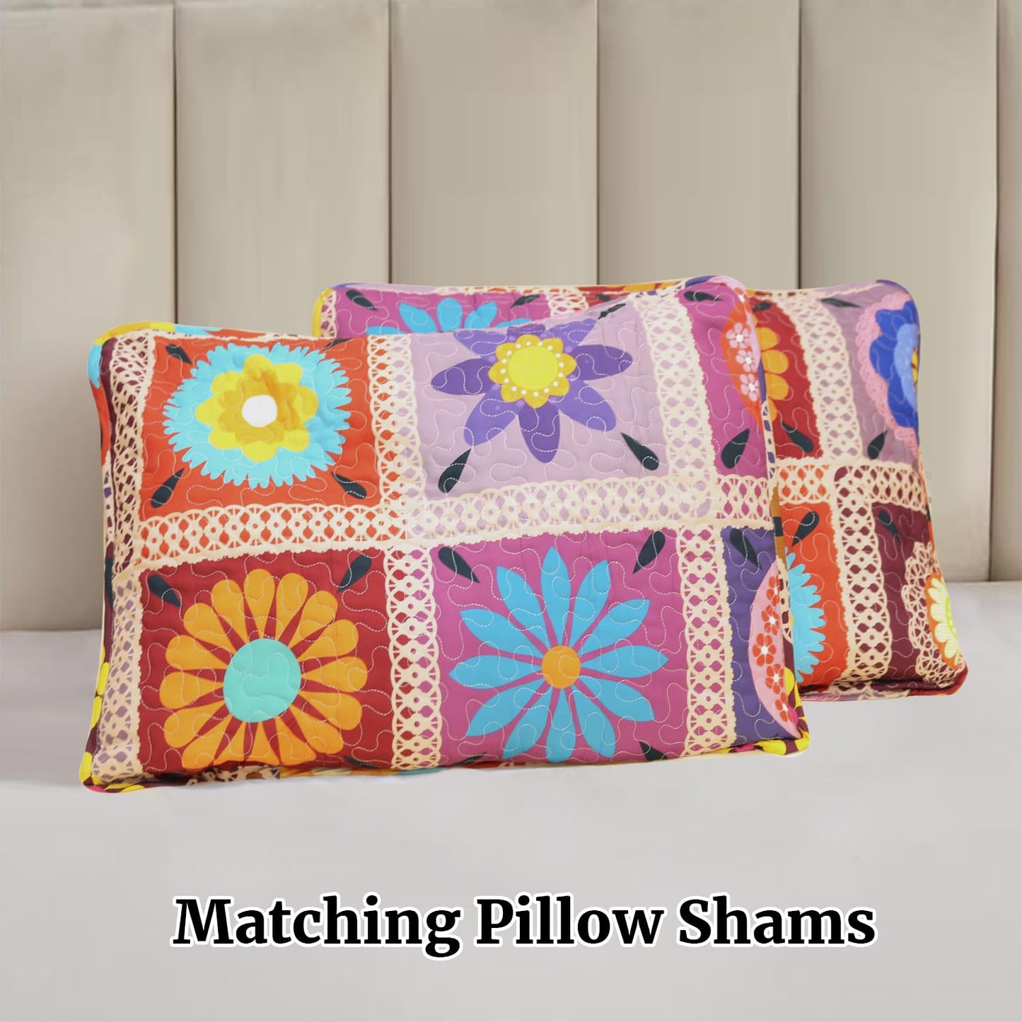 Benlarky Patchwork Quilt Set Queen Size 3 Pieces Set Quilts Crochet Style Bohemian Bedspread Coverlet Set for All Season Reversible Boho Bed Cover Bedding Set 1 Quilt and 2 Pillow Shams, 96" x 92"