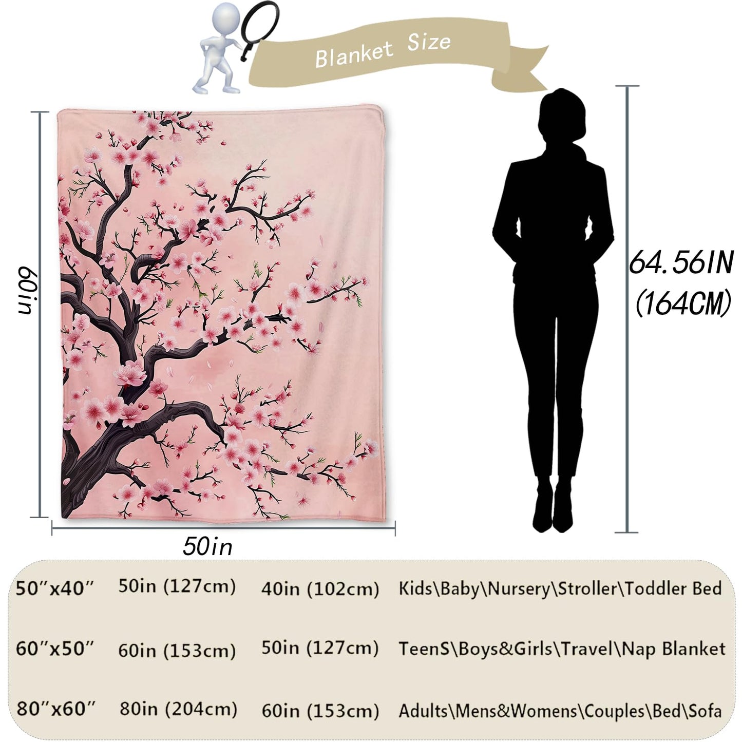 Ti Caldi Beautiful Cherry Blossom Blanket - Soft, Cozy, and Lightweight Flannel Throw, Ideal for Couch, Bed, and Travel - Fluffy, Fuzzy Home Decor for Outdoor and Indoor Use 60"x50"