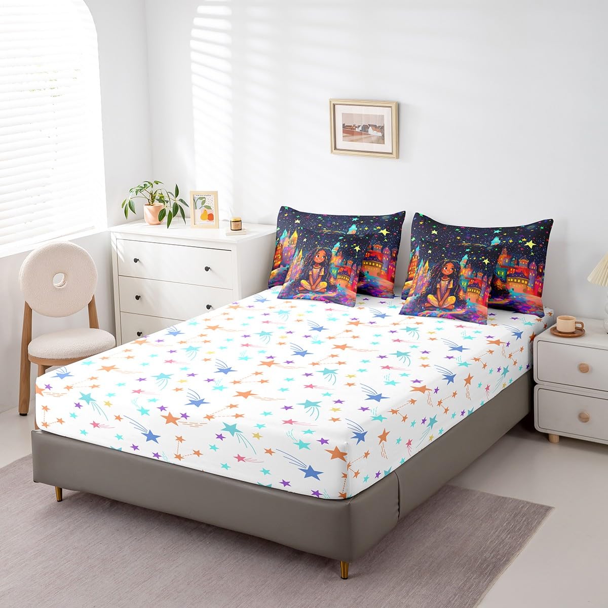 jejeloiu Kids Cute Black Girl Comforter Set 7 Pieces Full Size Castle Star Print Bedding Set African American Girl Bed in a Bag with Comforter, Sheets, Pillowcases & Cushion Covers（No Glitter）