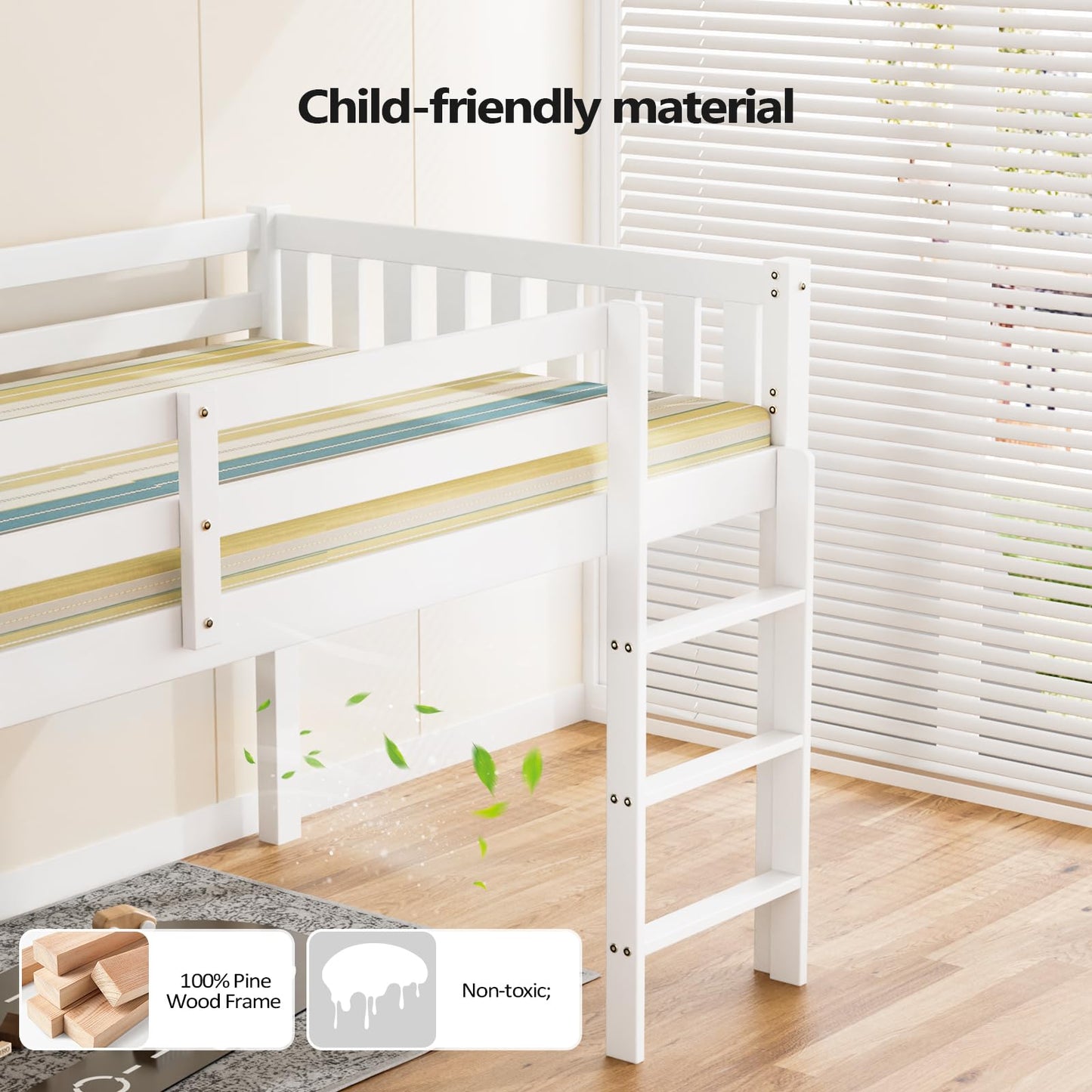 JOYMOR Twin Loft Bed Low Loft Bed Frame for Little Kids Small Room/Low Ceiling Bedrrom with Guardrail and Ladder, White